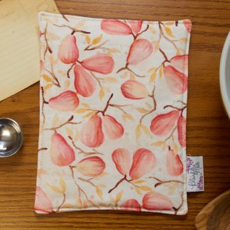 pot holder with watercolor pears on it