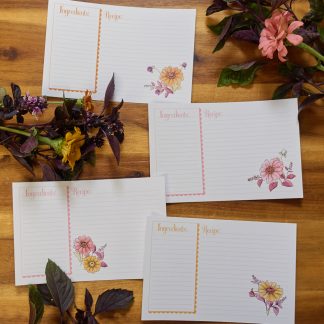 four recipe cards with zinnia flowers on them