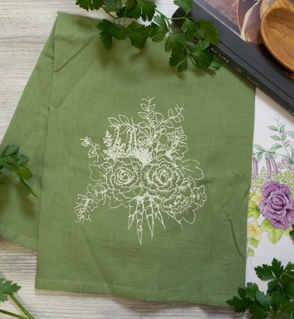 tea towel with vegetables arranged into a bouquet